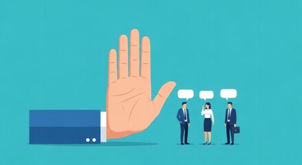 Fototapeta premium Stop the Talk Business people silenced by giant hand Teal background.