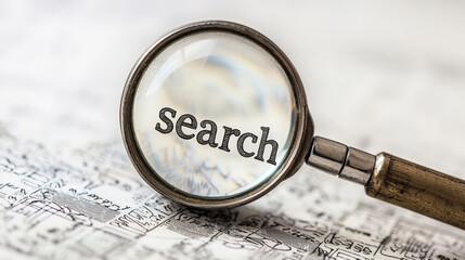 A magnifying glass focuses on the word search, revealing details on a textured manuscript page filled with musical notes