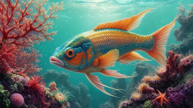 A vibrant fish swims through an underwater scene with coral reefs, bubbles, and stunning colors