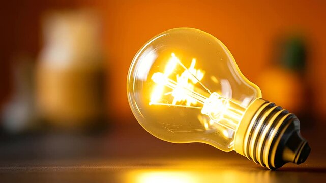 Illuminated lightbulb against orange background, glowing idea on warm backdrop, innovation symbol visualization, creative thought concept, bright inspiration display, defocused