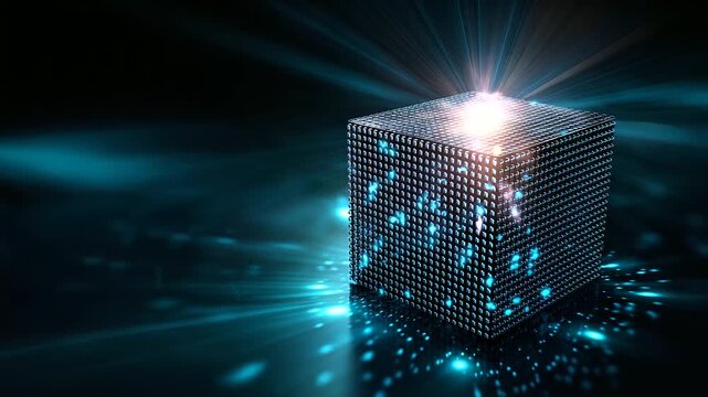Cube illuminated by brilliant light showcasing concept of adaptive mesh grid in modern design and technology, radiant structure, with copy space