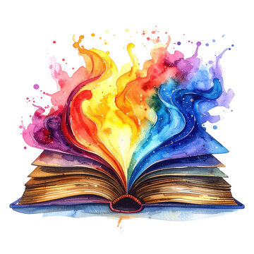 Watercolor open book emitting colorful flames; artistic concept for creativity and imagination