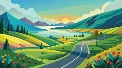 Scenic journey through a picturesque mountain valley with winding road and clear skies © CreativeKamrul