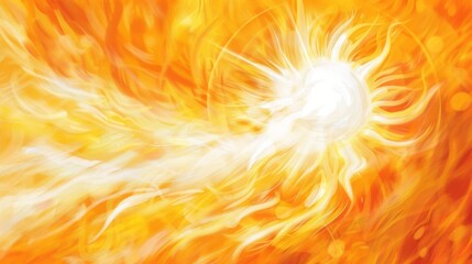 A painting of a sun with a white circle in the middle. The sun is surrounded by orange flames