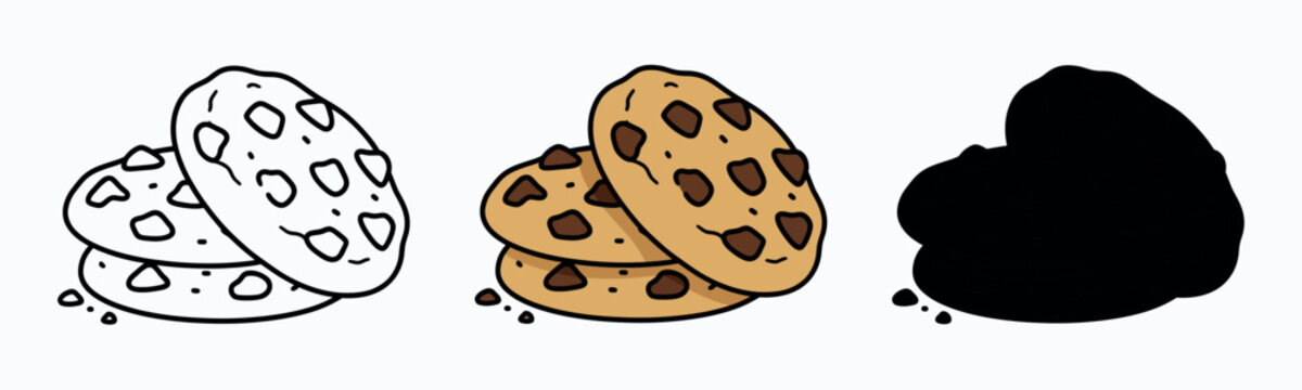 Hand-drawn illustration of three chocolate chip cookies in three variations: outline, colorful cartoon, and black silhouette.