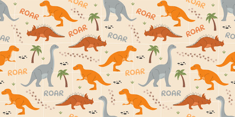 Seamless pattern with dinosaurs and palm trees. Vector illustration © Julia Bilevych