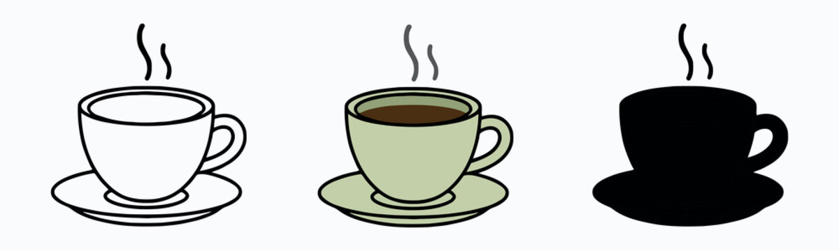 Ceramic teacup and saucer icon set. Hot drink cup with steam in line art, sage green color, and silhouette styles.