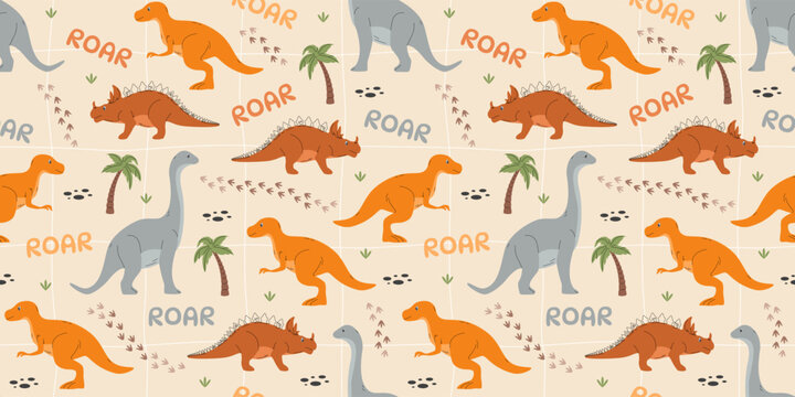 Seamless pattern with dinosaurs and palm trees. Vector illustration