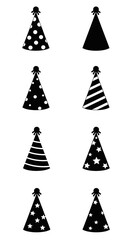 Set of Black Party Hats with White Patterns: Dots, Stripes, Stars