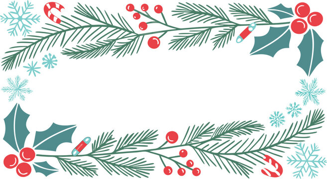 Christmas Decorative Border with Holly, Candy Canes, and Snowflakes