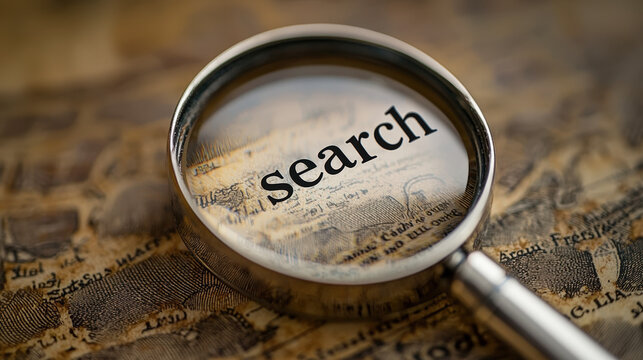 A magnifying glass highlights the word search set against an antique world map, depicting curiosity and the quest for knowledge