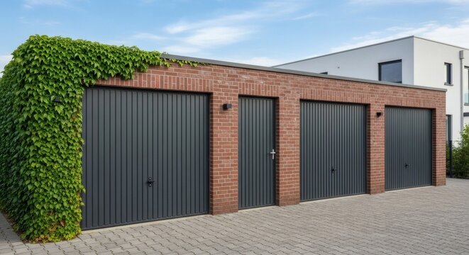 Modern Garages Brick facade and lush greenery under bright blue sky.
