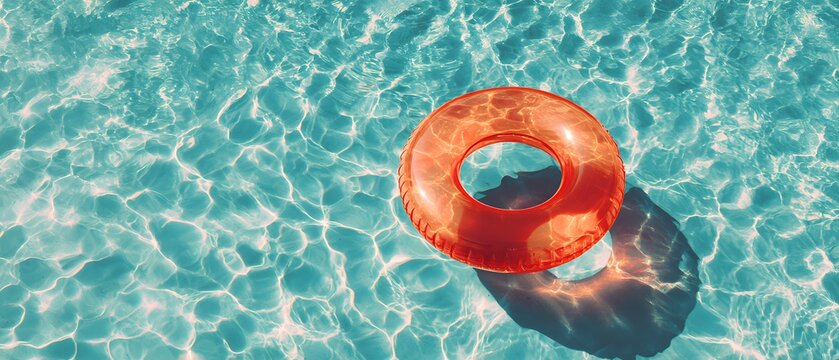A single orange inflatable ring floats on the surface of a bright blue swimming pool with sunlight reflecting on the water
