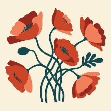 Stylized red poppy flower vector illustration. Six blooming poppies with dark green stems and leaves on a cream background.