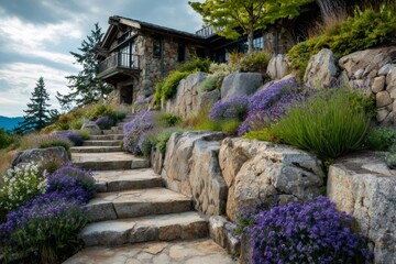 Stone house with inviting garden steps and lavender