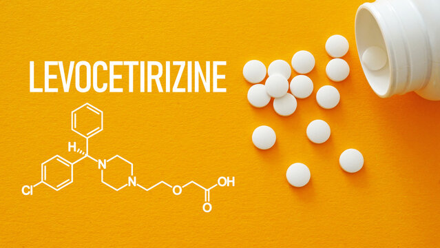 Levocetirizine antihistamine medication concept for allergy relief, treatment of allergic rhinitis, urticaria and seasonal allergies, histamine blocker drug, healthcare and pharmaceutical therapy