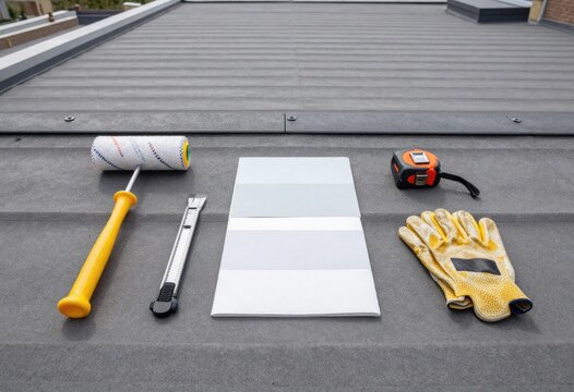 Roofing Tools Flat Lay on Commercial Rooftop