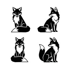 Set of Four Black and White Fox Illustrations - Sitting and Looking Sideways