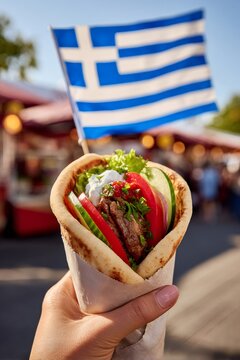 Hand holding greek gyro with national flag