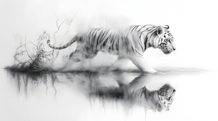 Naklejka premium Majestic White Tiger Walking Through Water with Reflective Stillness