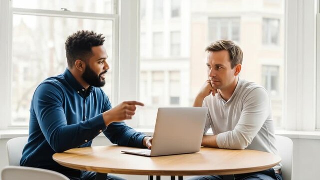 Two businessmen discussing on laptop at a round wooden table by window