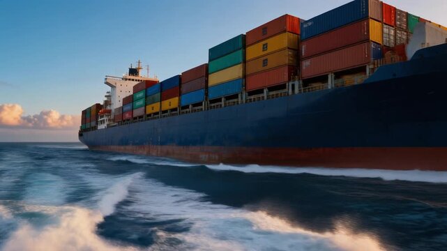 Large container ship loaded with colorful cargo containers sailing across the ocean in cinematic light, representing global shipping, maritime logistics, and international trade transport.
