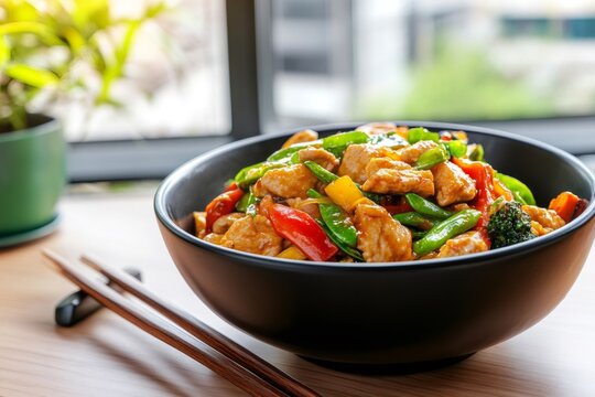 Chicken stir fry asian meal with fresh healthy vegetables