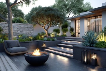 Naklejka premium Modern backyard patio with glowing fire pit and garden lighting