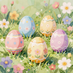 Fototapeta premium mosaic, watercolor spring illustration featuring 4 easter egg easter eggs