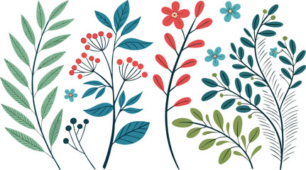 Decorative Botanical Illustration with Leaves, Flowers, and Berries