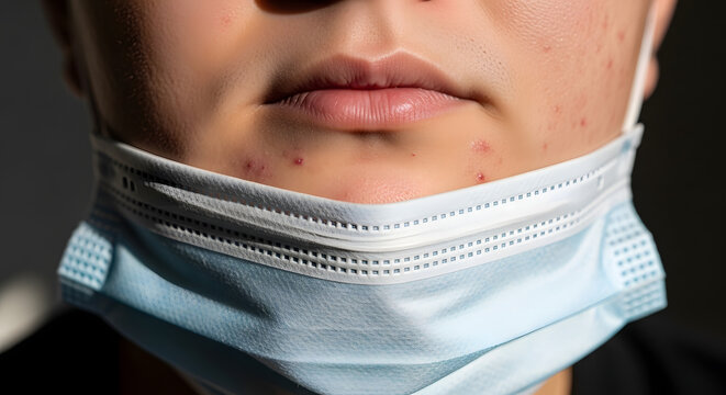 Close-up of person with acne wearing a surgical mask. Generative AI