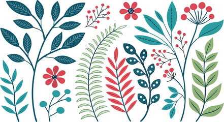 Decorative Botanical Illustration with Leaves, Flowers, and Berries