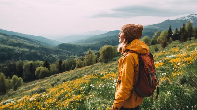 Woman backpacker hiking looking at mountain landscape view