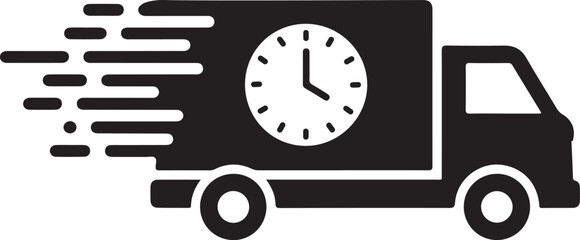 Obraz premium A black and white image of a delivery truck with a clock on the side