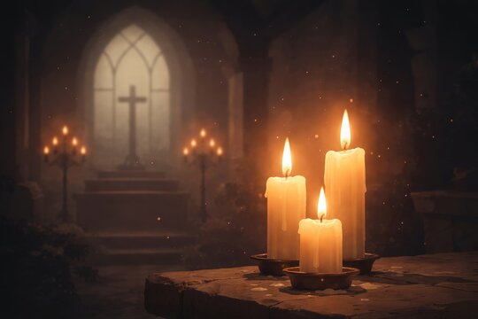 Three burning candles illuminating a historical church or temple interior. Religious symbol, faith, and spiritual atmosphere for Christmas.