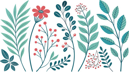 Decorative Botanical Illustration with Leaves, Flowers, and Berries