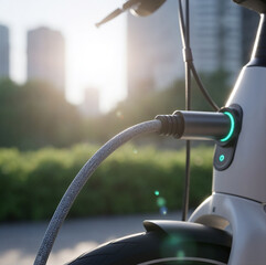 Obraz premium Close up of an electric bicycle charging at a city station with a glowing led indicator.