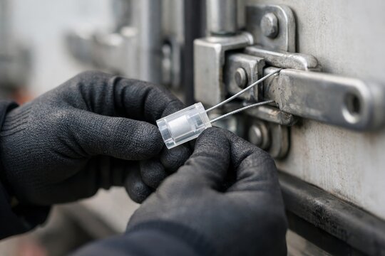 Man in gloves placing security seal on cargo container for transport safety and theft prevention. Shipping industry concept.