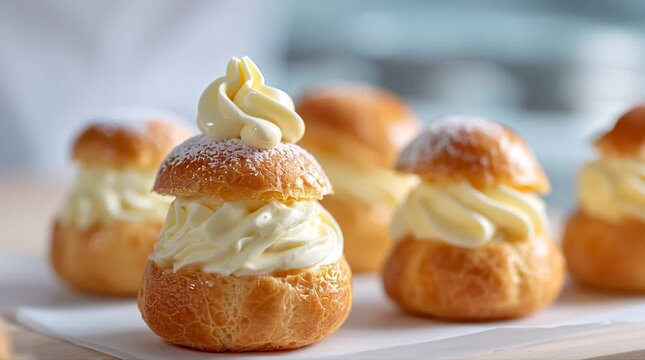 Baker decorates cream puffs with frosting using a piping bag and dusting with powdered sugar