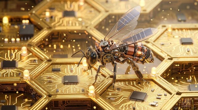 Cybernetic mechanical bee standing on a golden circuit board honeycomb