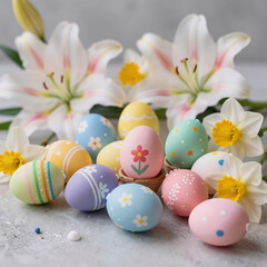Fototapeta premium baroque, spring holiday-themed easter eggs and flower decorations