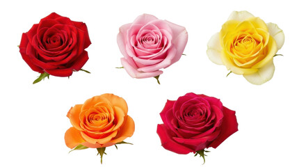 Variety of colorful roses in red pink yellow and orange on white