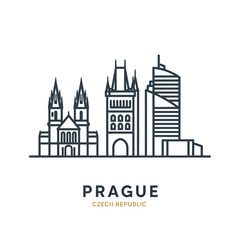 Obraz premium Minimalist Line Drawing of Prague City Skyline with Historical and Modern Buildings