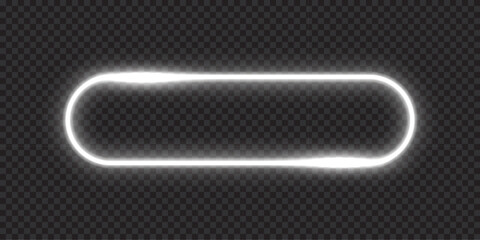 Neon glow light rounded rectangle frame. Led rectangular game button. White light outline on transparent with soft luminous effect. Futuristic UI element. Modern color geometric vector illustration. © backup16