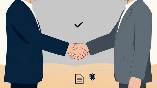 Two professionals in business attire firmly shaking hands over a light background symbolizing a successful agreement or partnership finalization in a corporate setting illustration.
