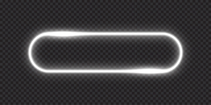 Neon glow light rounded rectangle frame. Led rectangular game button. White light outline on transparent with soft luminous effect. Futuristic UI element. Modern color geometric vector illustration.