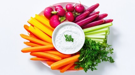 A colorful appetizer plate featuring fresh vegetables and dip, arranged neatly on a white background.
