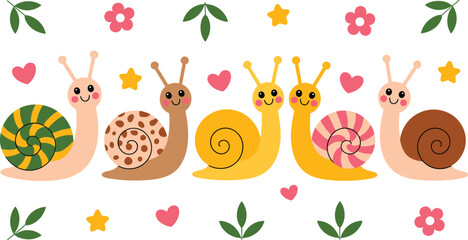 Cute kawaii cartoon snails vector set with colorful spiral shells hearts stars leaves and flowers in playful parade for kids spring illustrations © MdIbrahimIslam