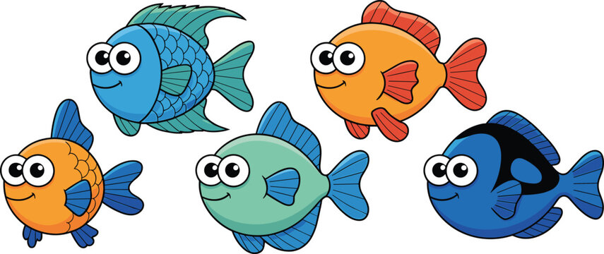 Cute kawaii tropical fish vector set with colorful cartoon sea creatures in playful school poses big eyes for kids ocean illustrations