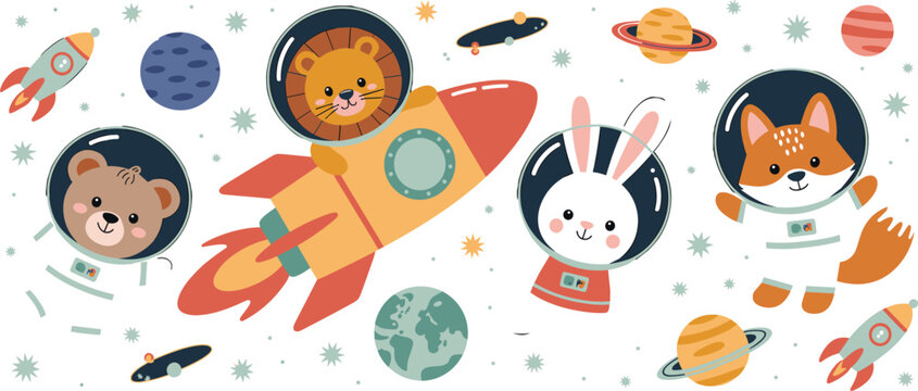 Cute kawaii space animals vector set with bear lion bunny fox astronaut helmets rockets planets and stars for kids cosmic adventure illustrations